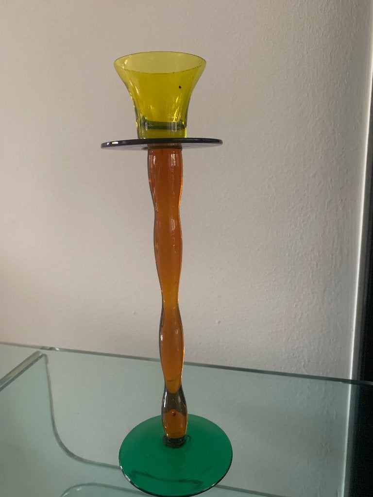 Kandelaar mondgeblazen gekleurd glas vintage, Meerkleurig, Ophalen of Verzenden, Kandelaar, 25 cm