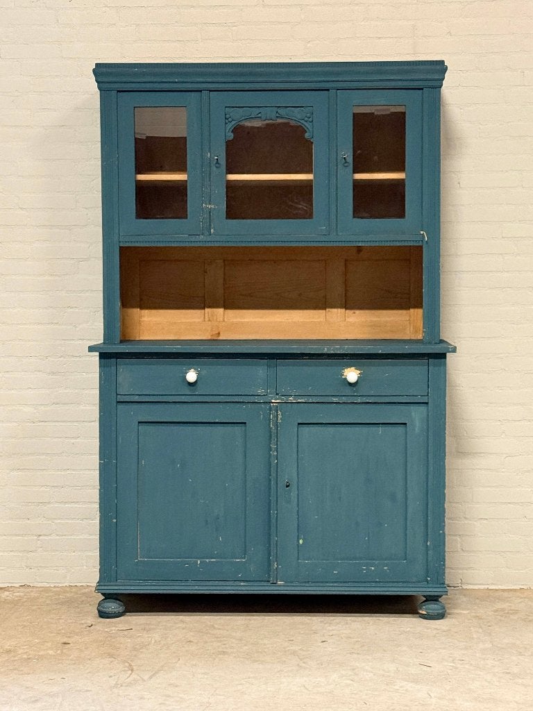 Antieke blauwe buffetkast met vitrine en lades, Ophalen