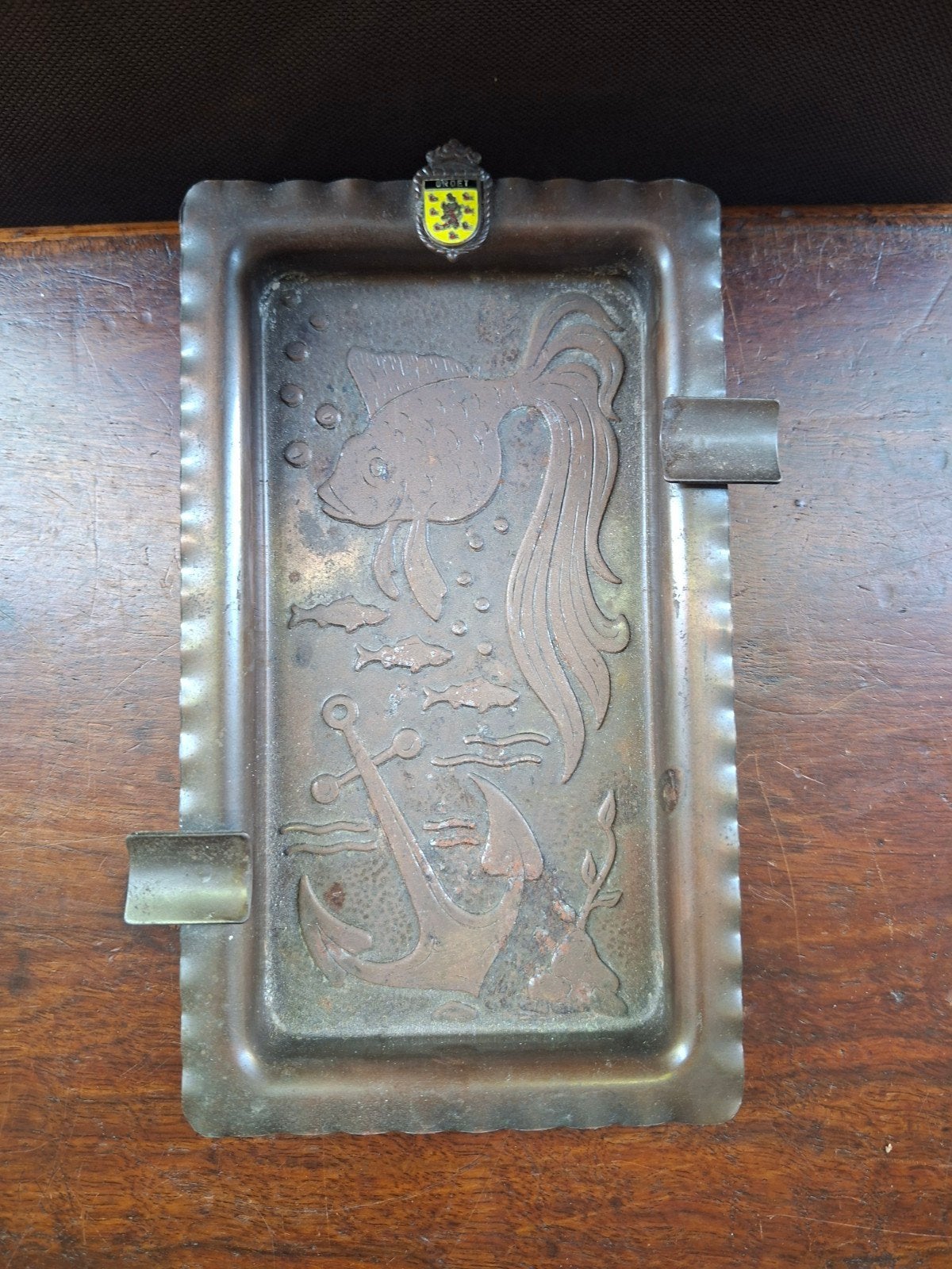Vintage koperen asbak met vissen en anker reliëf, Ophalen of Verzenden
