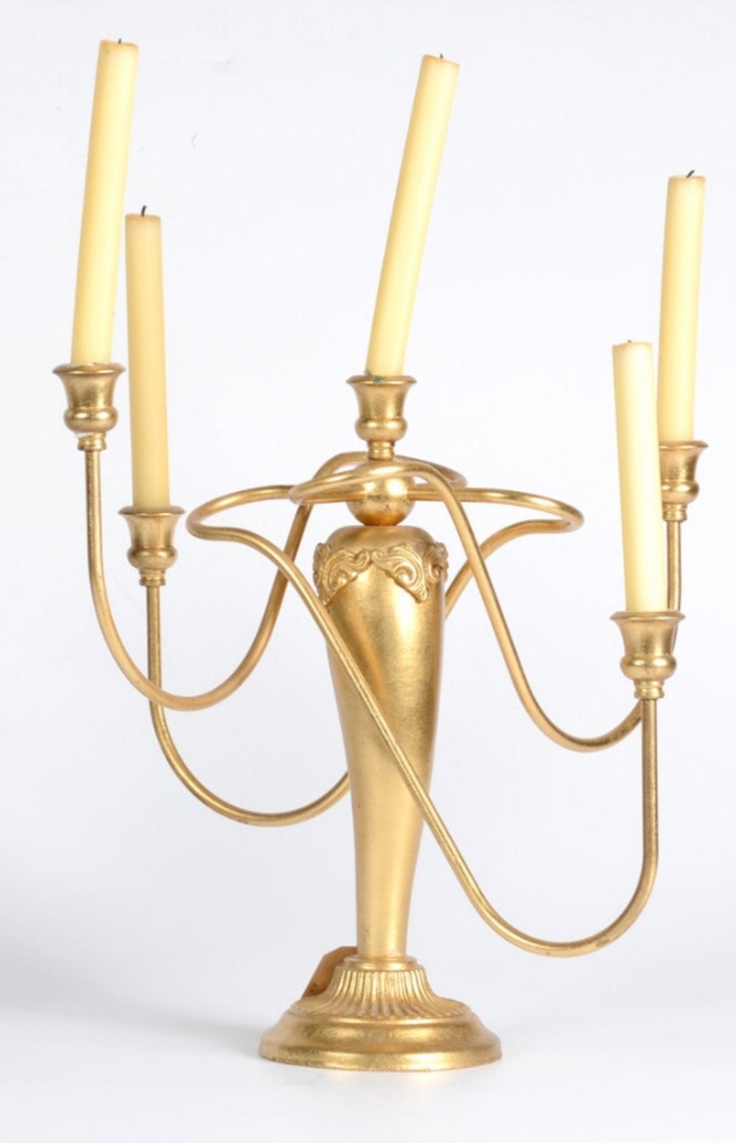 Sierlijke elegante gouden kandelaar voor 5 Kaarsen, Ophalen of Verzenden, Zo goed als nieuw, Metaal, Kandelaar