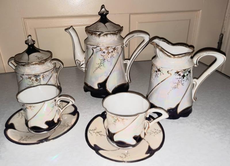 Antiek parelmoer têt à têt porselein thee/koffie servies, Antiek en Kunst, Ophalen of Verzenden