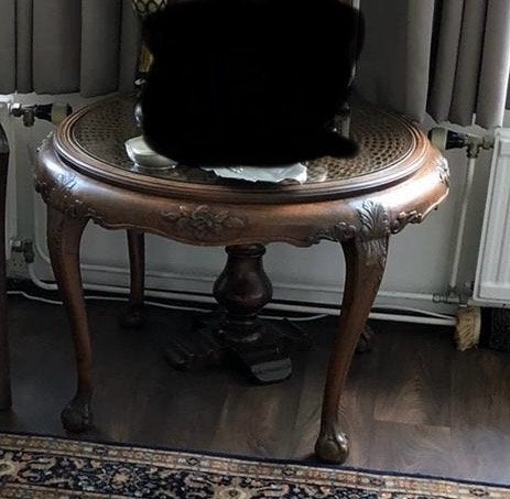 Vintage Chippendale salontafel – webbing rotan & glas – rond, Ophalen