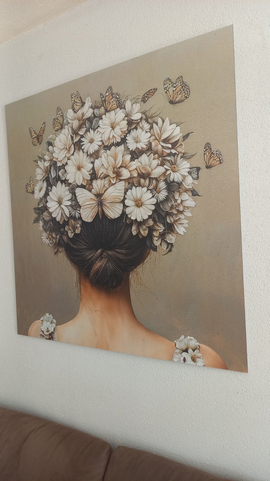 Schilderij dibond 100x100cm vrouw met bloemen/vlinders, Ophalen