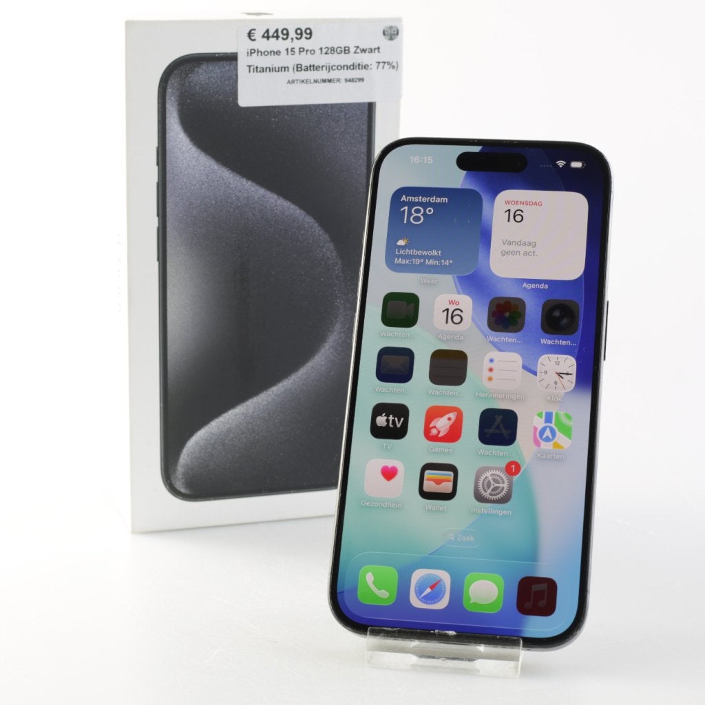 iPhone 15 Pro 128GB Zwart Titanium (Batterijconditie: 77%), Apple, Zo goed als nieuw, Support@apple.com, One Apple Park Way
Cupertino, CA 95014
United States