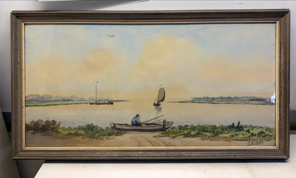 A. Rutgers - Aquarel van Hollands Landschap met Visser, Ophalen
