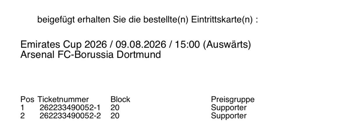 Tickets Arsenal - Borussia Dortmund, Twee personen, Overige soorten, Overige typen