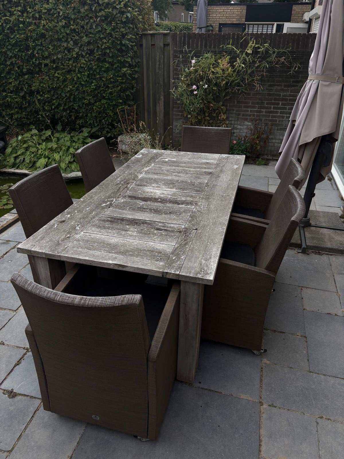 Robuuste tuintafel met 4 four seasons stoelen, Tuin en Terras, Tuintafels, Ophalen, Gebruikt, Rechthoekig, Hout