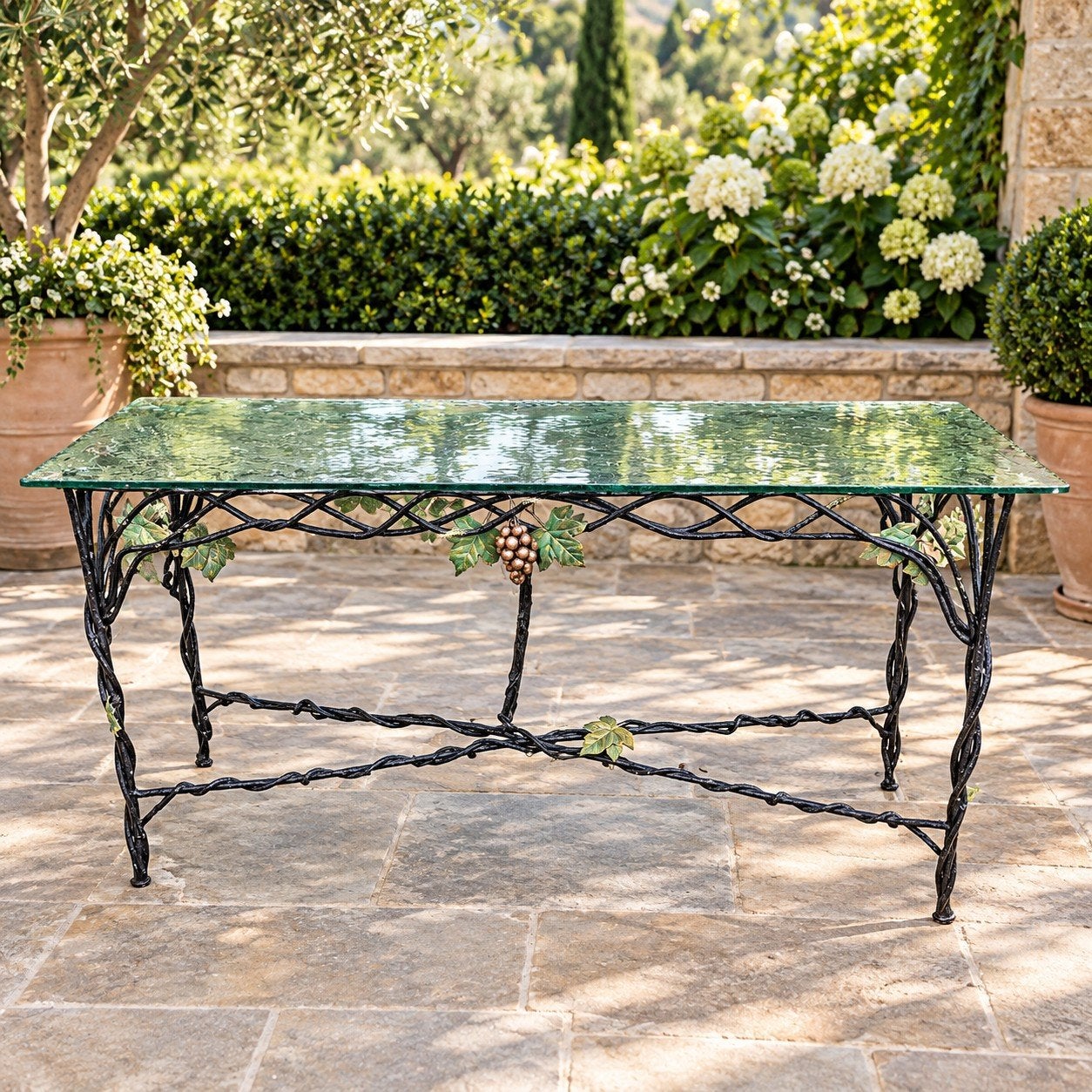 Smeedijzeren sidetable met glazen blad, Huis en Inrichting, Ophalen, Gebruikt, 100 tot 150 cm, Glas
