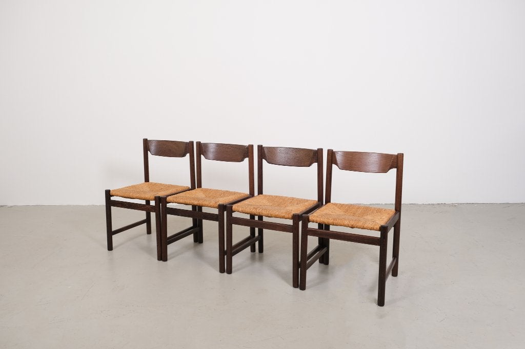 Vintage wengé eetkamerstoelen met rieten zitting, Ophalen, Gebruikt, Bruin, Hout