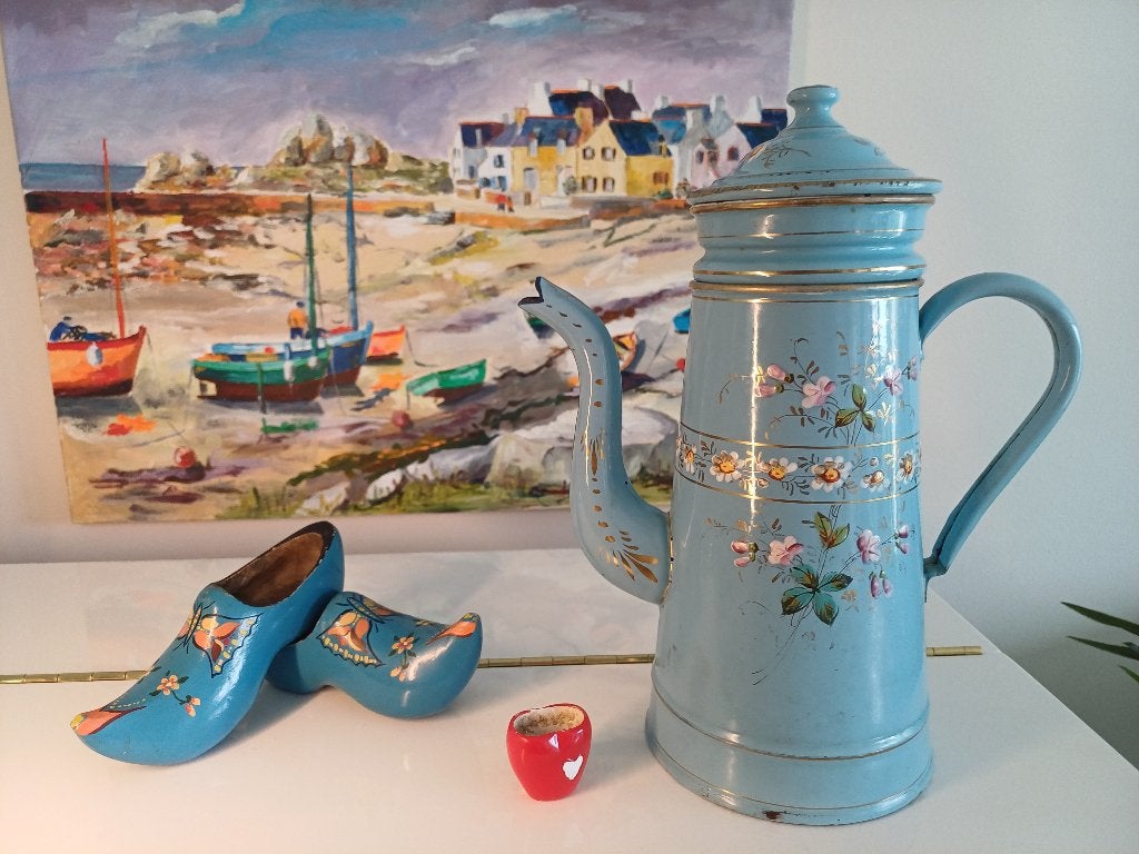 Blauwe Franse koffiepot met filter en dik opgelegde bloemen, Ophalen of Verzenden