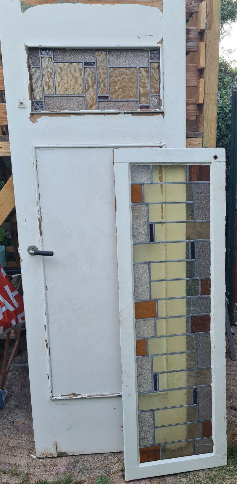 Massieve houten deur & raam, beiden glas in lood, Ophalen, Gebruikt, 80 tot 100 cm, Binnendeur