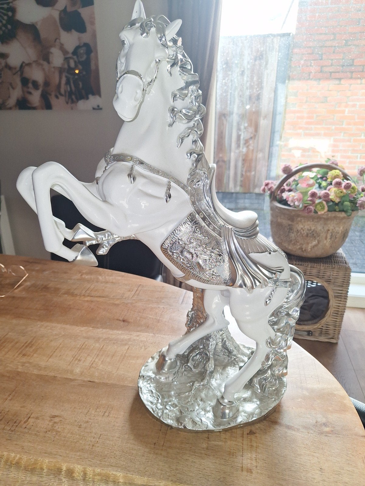 Decoratief Beeld Steigerend Paard Wit/Zilver, Overige materialen, Ophalen of Verzenden, Zo goed als nieuw, Modern