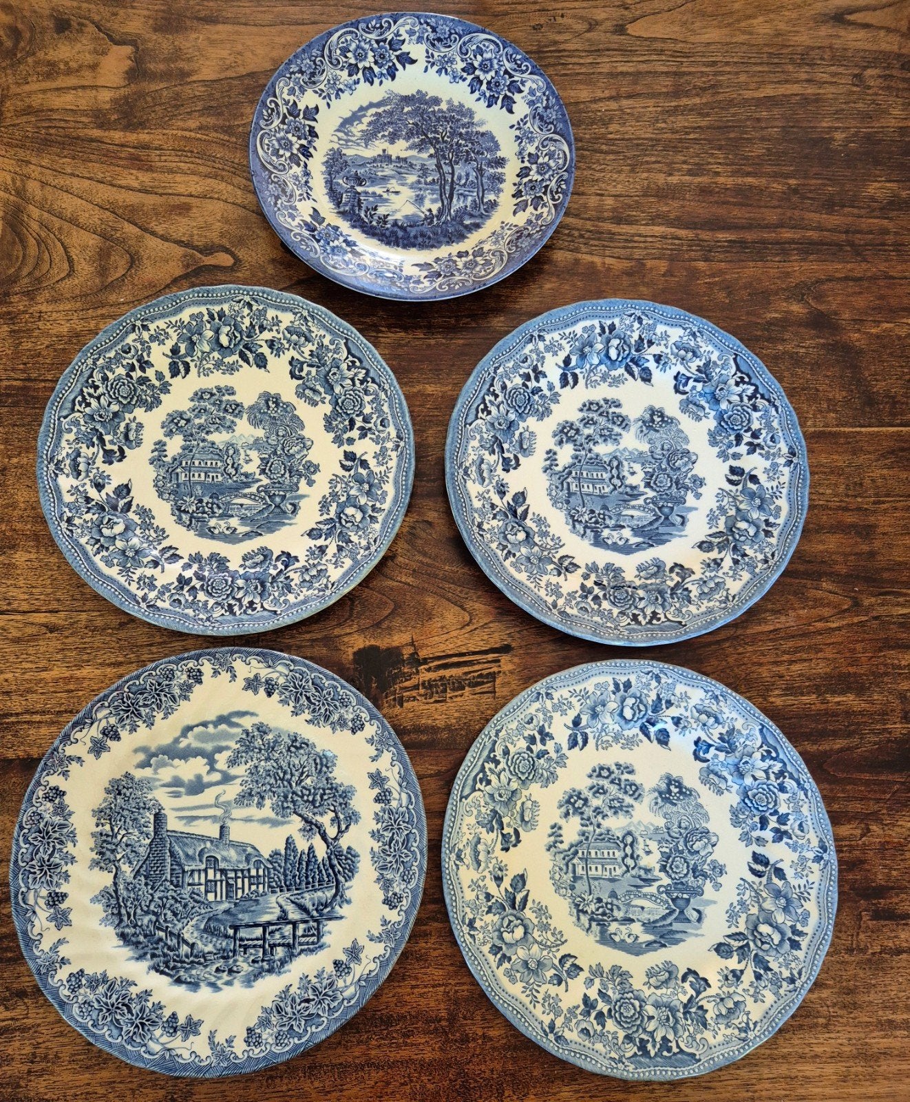 5 Engelse blauw-witte aardewerk borden, transferware stijl, Antiek en Kunst, Ophalen of Verzenden