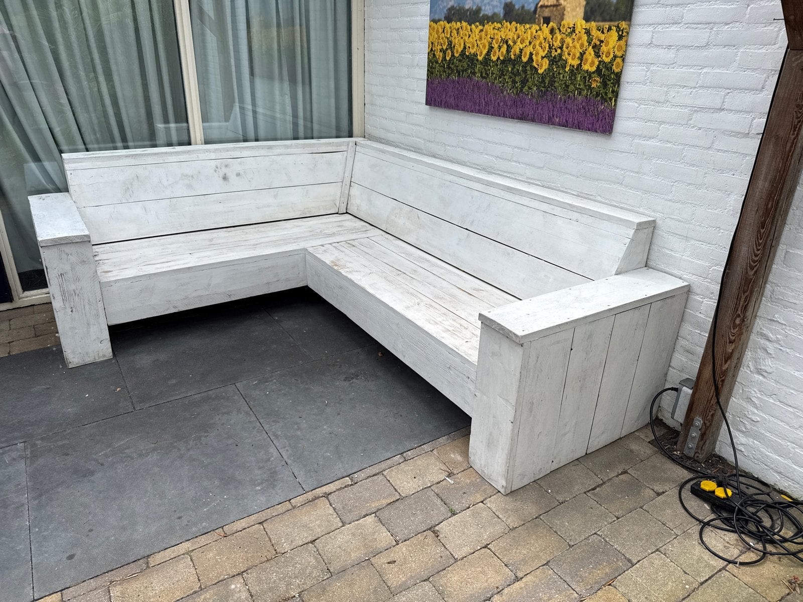 Witte steigerhouten loungebank voor buiten, Tuin en Terras, Tuinsets en Loungesets, Ophalen, 4 zitplaatsen, Gebruikt, Steigerhout