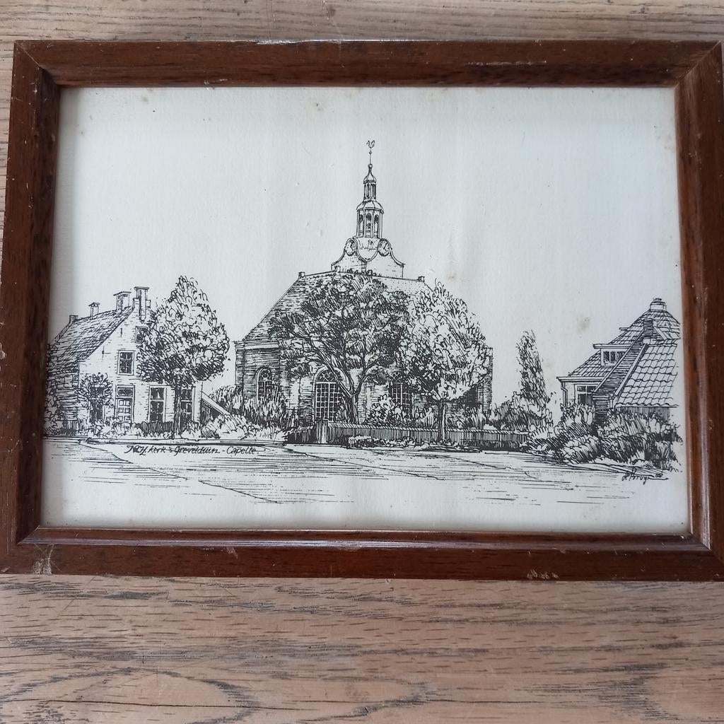 Kerk Grevelduin Capelle jaren '80 - ingelijste tekening, Ophalen of Verzenden