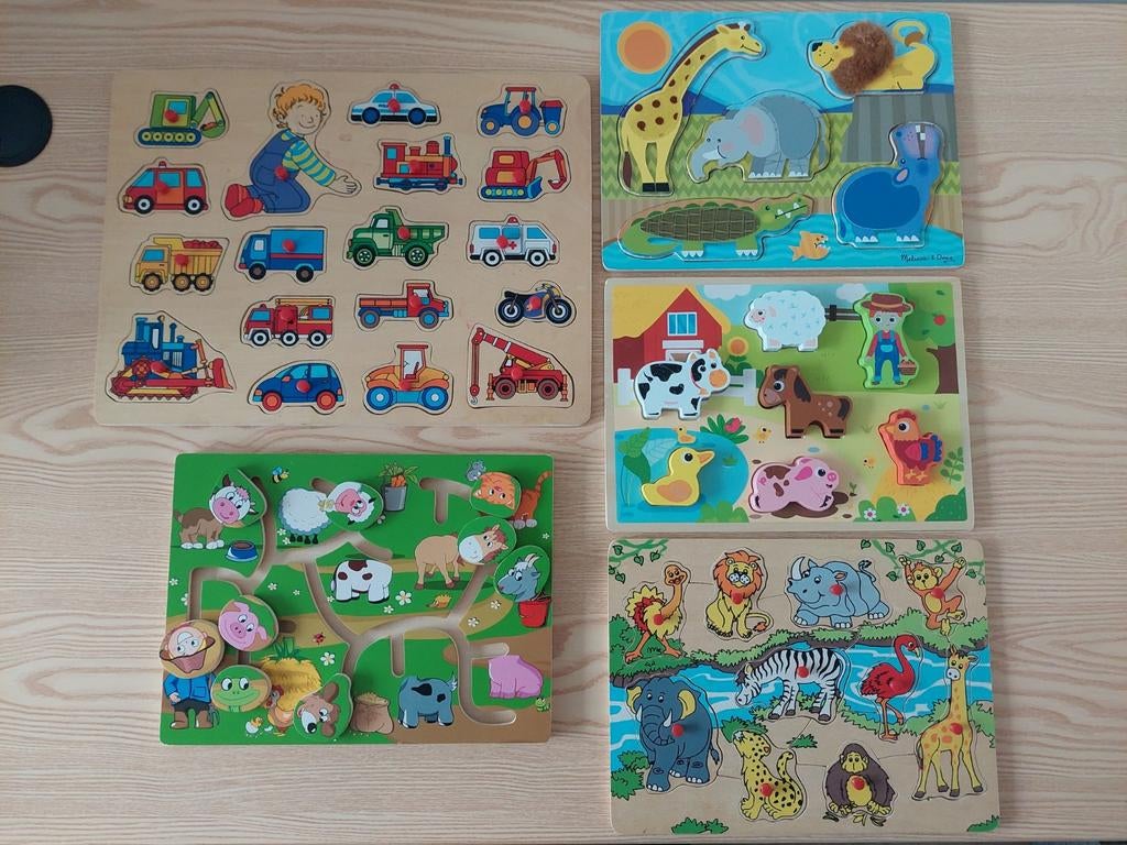 Houten insteekpuzzels voor Kinderen - Dieren en Voertuigen, Gebruikt, 10 tot 50 stukjes, Ophalen of Verzenden, Van hout
