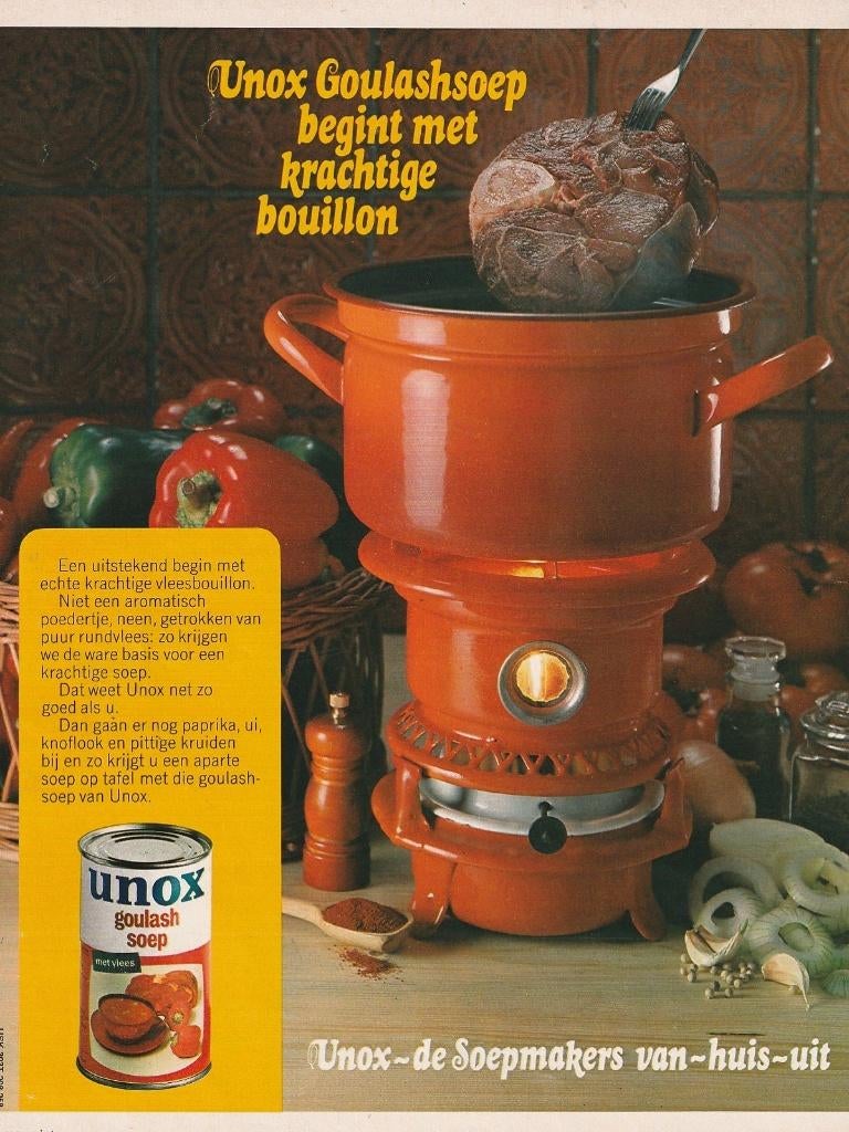 Retro reclame 1974 Unox goulash soep op kookstelletje, Verzenden, Overige typen