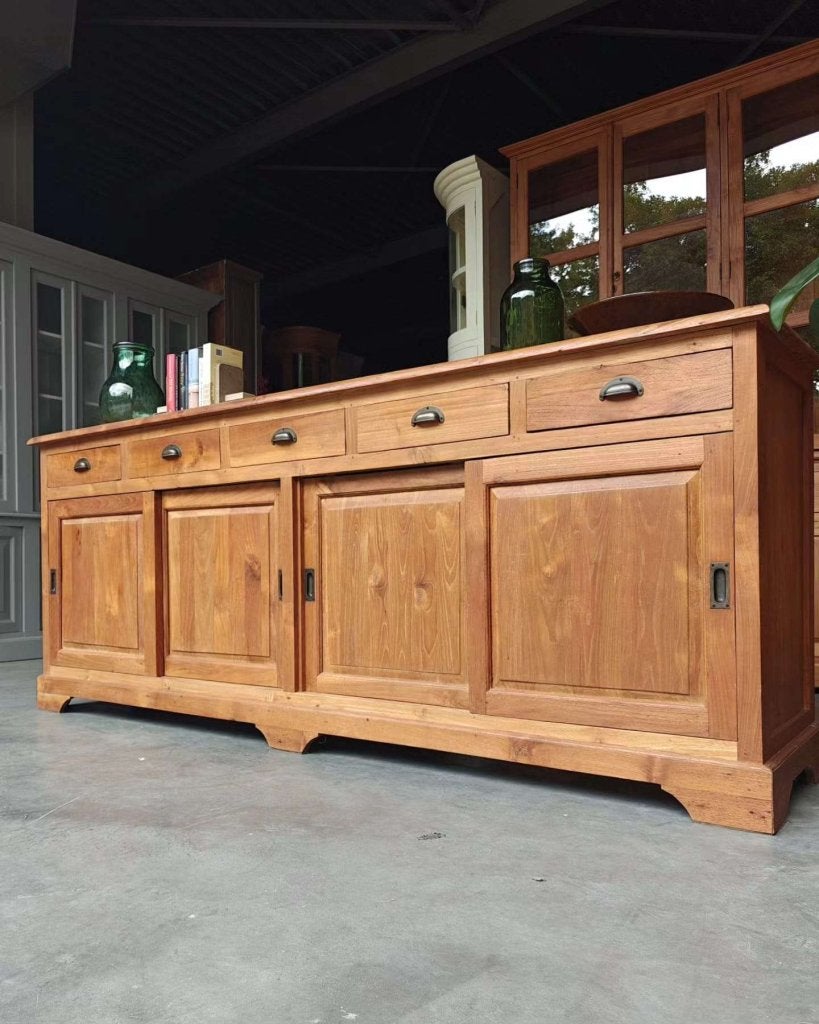 Prachtig teakhouten dressoir | Massief teak, Groot! #6007, Huis en Inrichting, Kasten | Dressoirs, Glas, Gebruikt, Met deur(en)