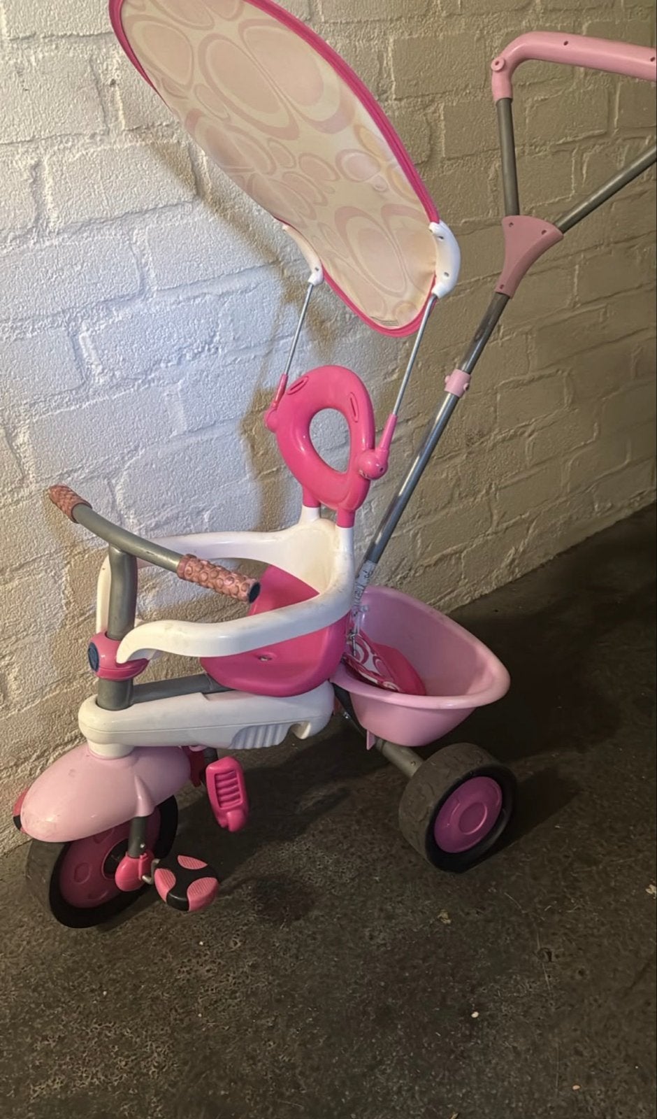 Roze Kinderdriewieler met Duwstang en Zonnescherm, Ophalen, Gebruikt, Duwstang