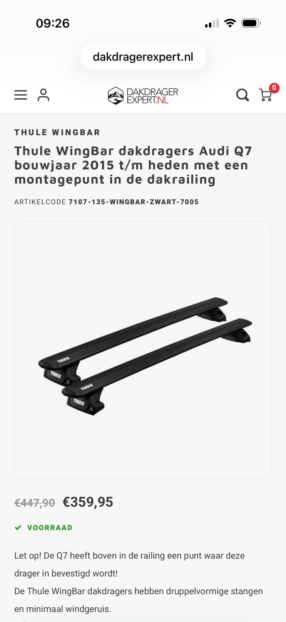 Thule WingBar dakdragers Audi Q7 (2015-heden), Auto diversen, Dakdragers, Ophalen, Zo goed als nieuw
