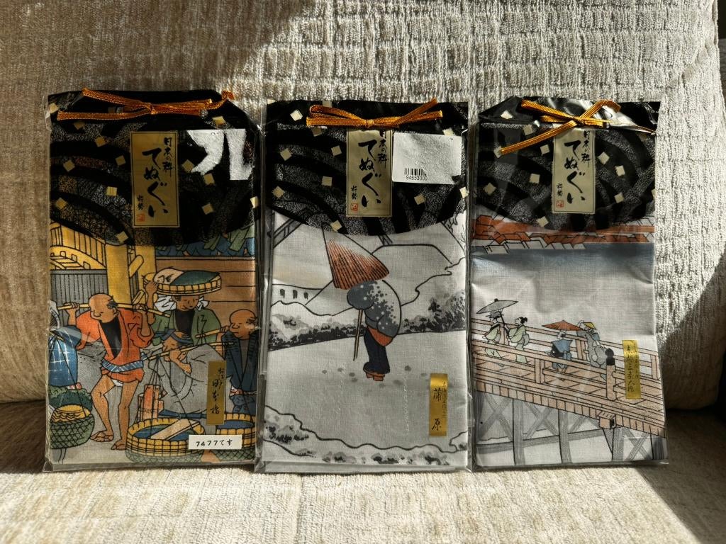 Famous Ukiyo-e Hokusai Tenugui from Japan, 3pc., Oosters, Meerkleurig, Textiel, Nieuw