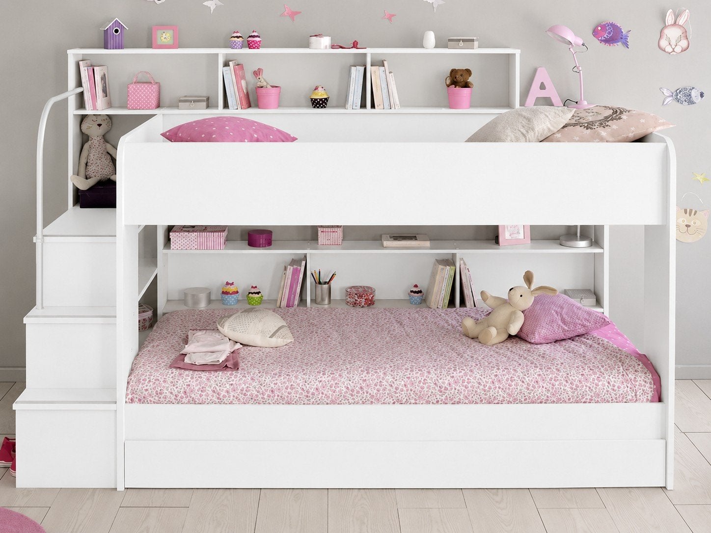 Stapelbed met uitschuiflade, trap en opbergruimte, Ophalen, Tweepersoons, 140 cm, Zo goed als nieuw