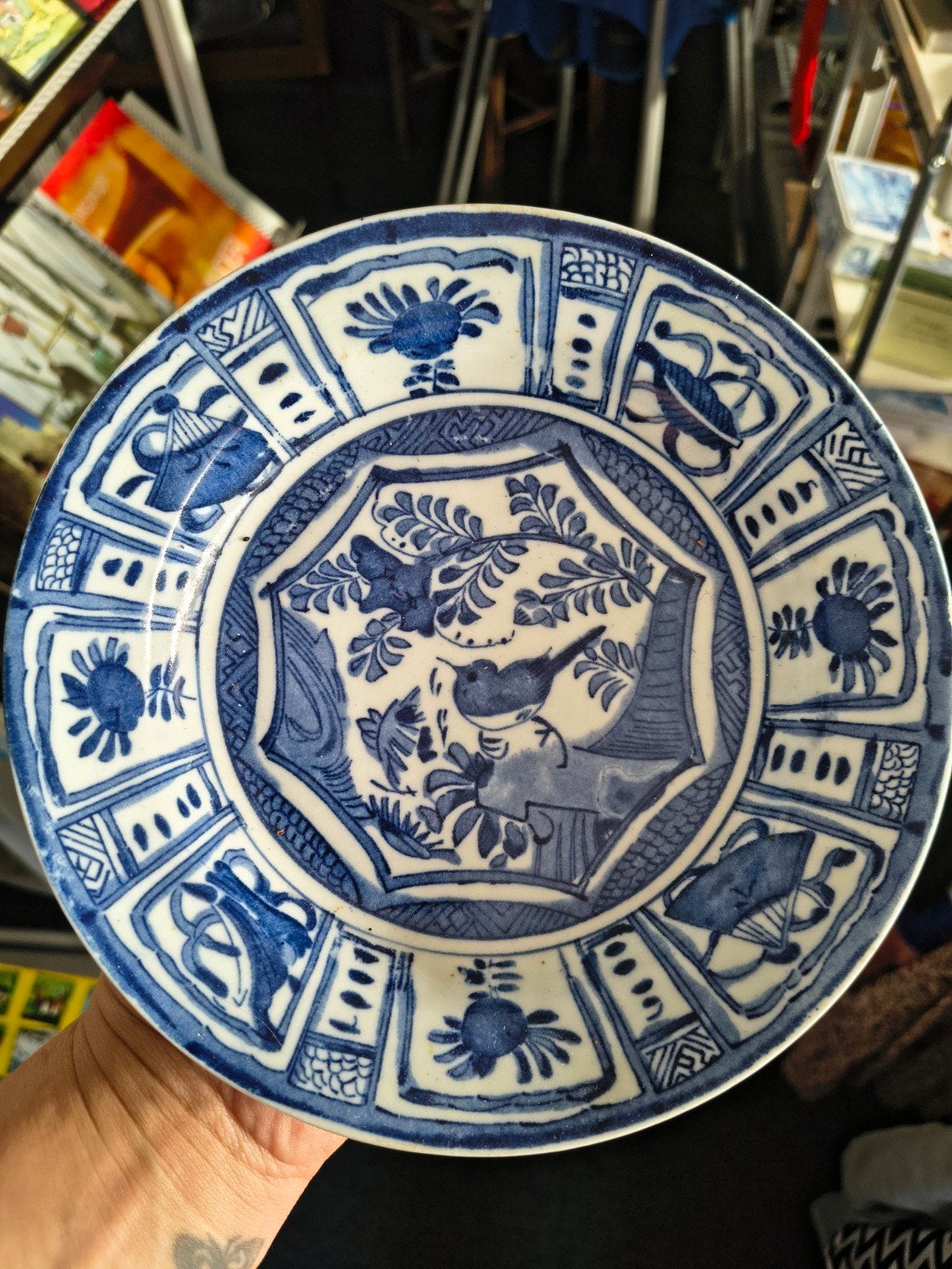 Antiek Chinees Blauw-Wit Porseleinen Bord met Vogeldecor, Ophalen of Verzenden