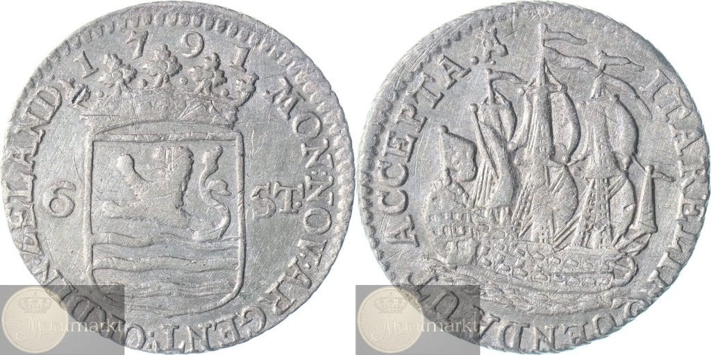 Zeeland - Scheepjesschelling 6 Stuivers 1791 - Kabelrand, Postzegels en Munten, Vóór koninkrijk, Zilver, Losse munt, Overige waardes