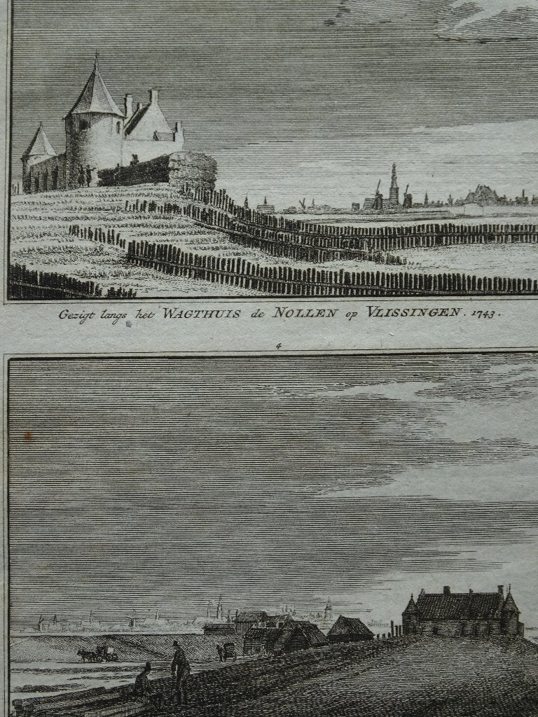 Gravure zicht op wachthuis Nollen Vlissingen, Spilman 1743, Stadsgezicht, Ophalen of Verzenden, Gravure, Origineel