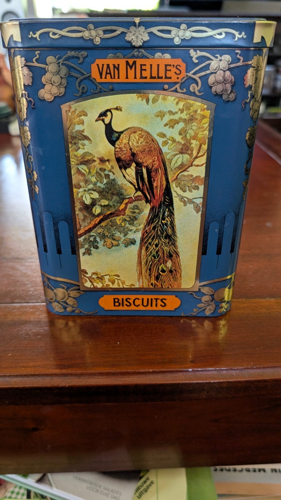 Vintage Van Melle's Biscuits blik met vogeldecoraties, Ophalen of Verzenden, Gebruikt, Koek(jes), Overige merken