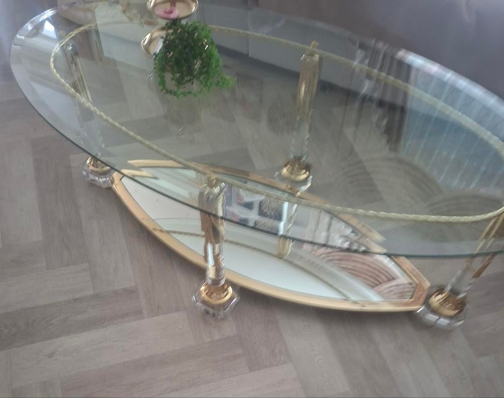 Glazen  vania salontafel met gouden accenten, Ophalen, Gebruikt, 100 tot 150 cm, 50 tot 100 cm