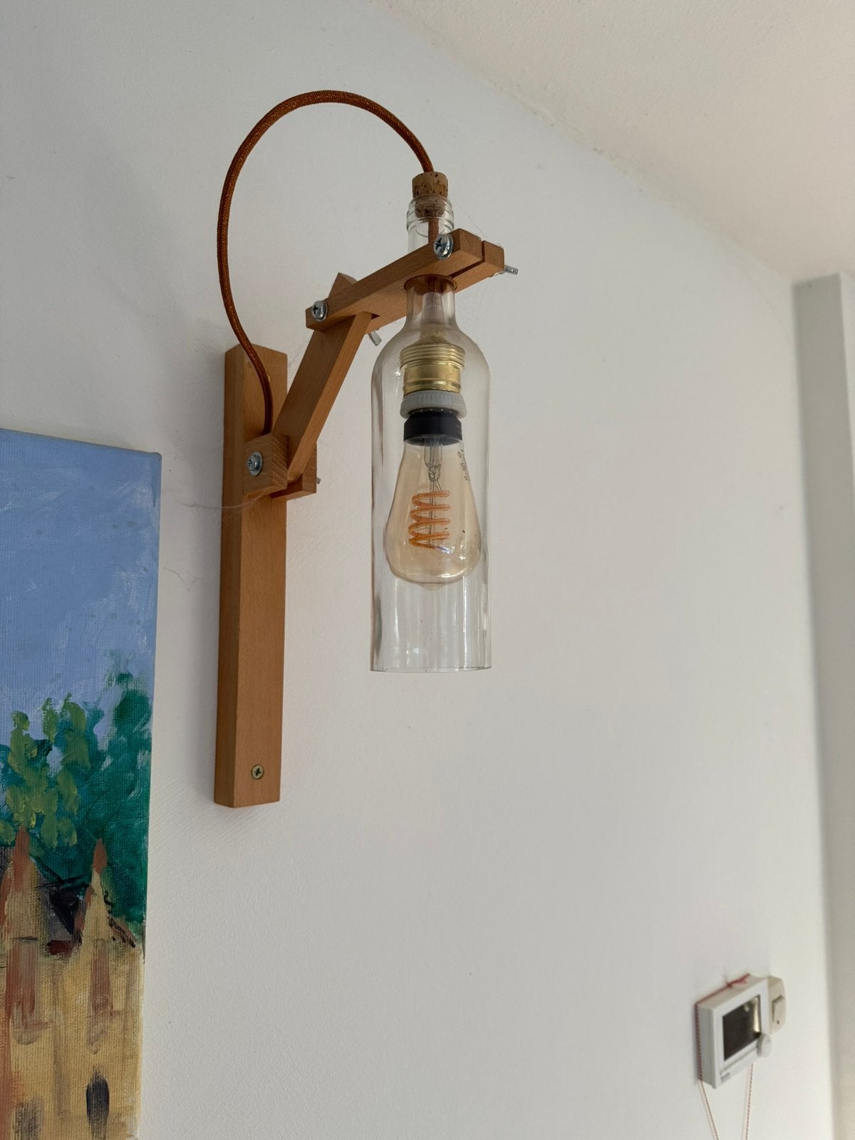 2x muurlamp wijnfles transparant, Zo goed als nieuw, Wandlamp, Hout, E27 (groot)