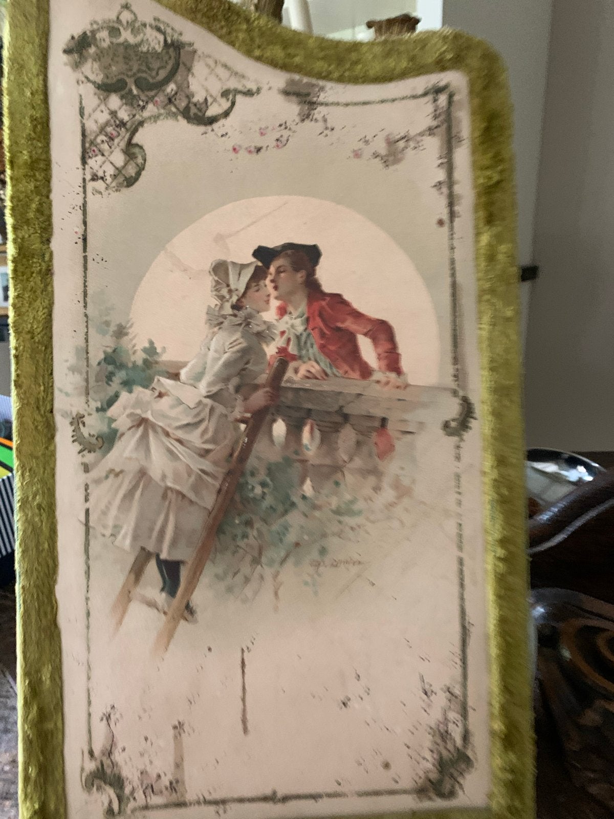 Antieke Brocante Kaartenhouder met Romantische Afbeelding, Ophalen of Verzenden