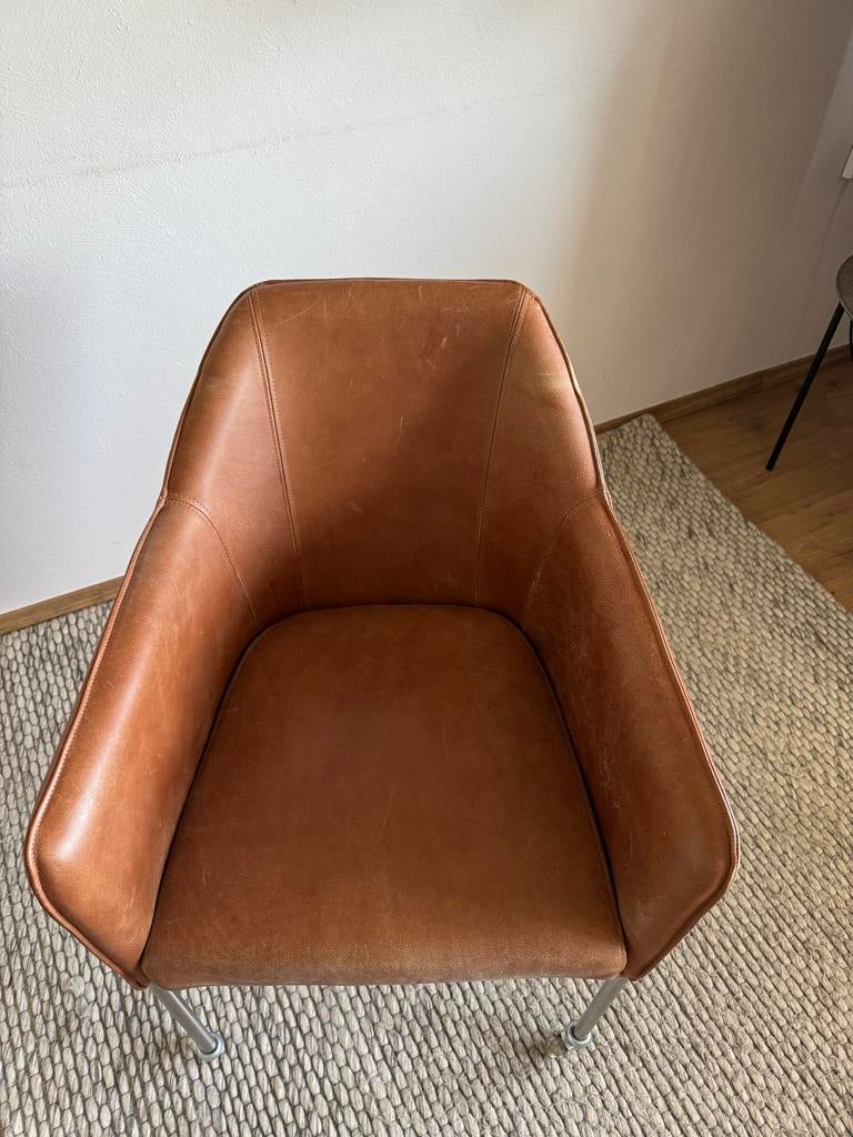 6x Dyyk Boxer eetkamerstoelen, nubuck vintage leder Rancho C, Ophalen, Gebruikt, Bruin, Leer