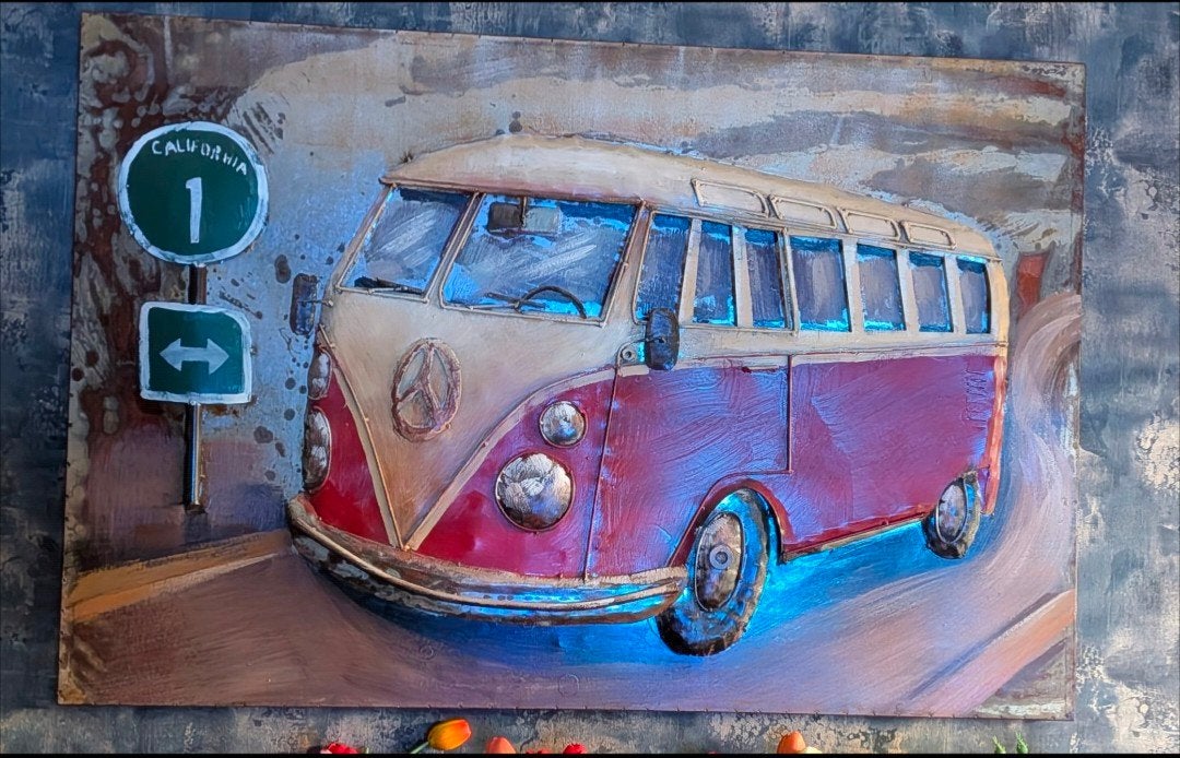 3D schilderij metaal 120x80cm VW bus rood met verkeers bord, Ophalen, Stilleven, Metaal, Handgeschilderd