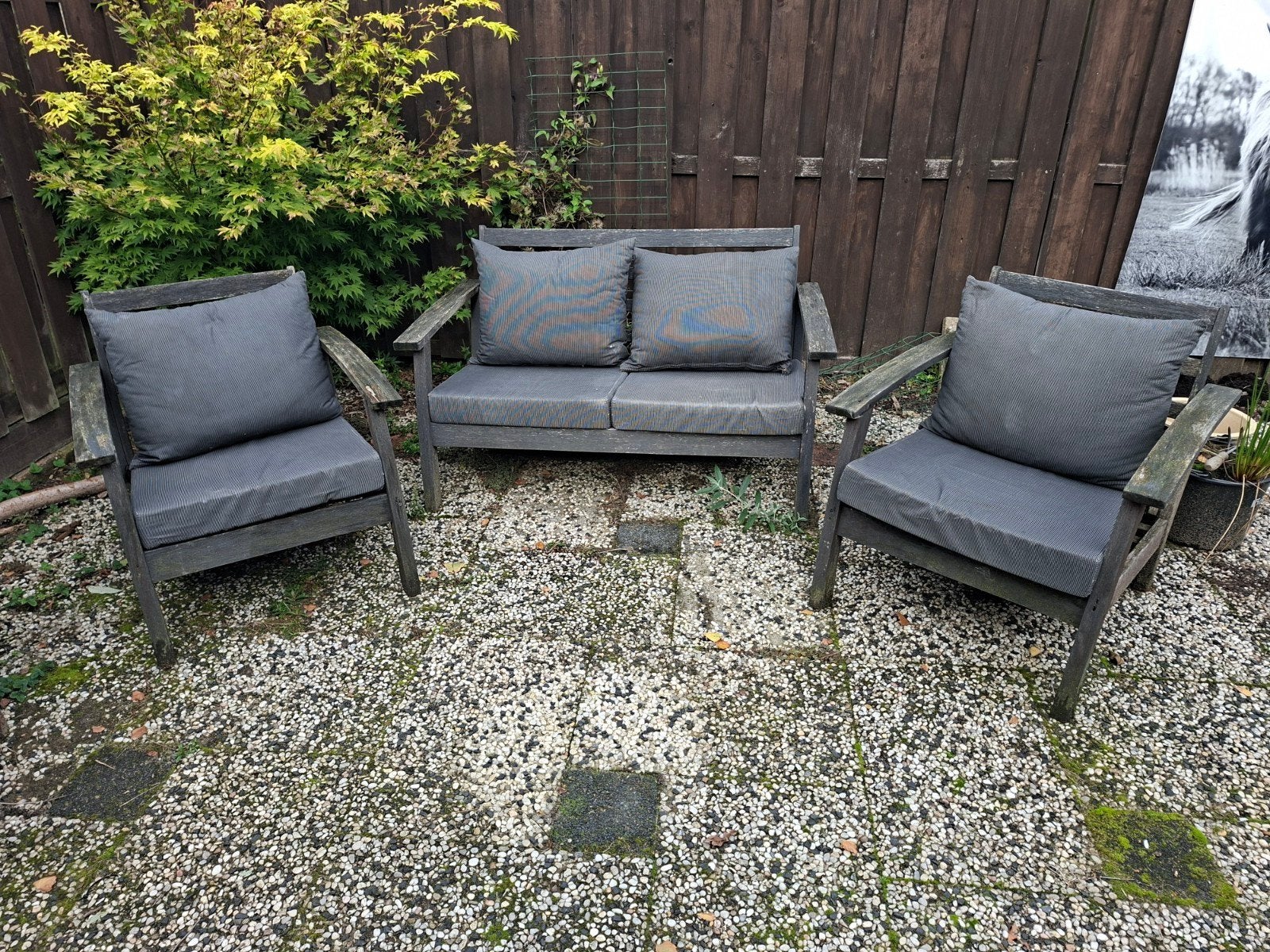 Houten loungeset met kussens, Ophalen, 4 zitplaatsen, Gebruikt, Loungeset