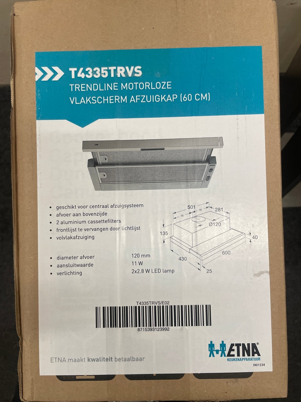 ETNA T4335TRVS Trendline Vlakscherm Afzuigkap (60 cm), Ophalen, Minder dan 200 m³ per uur, Nieuw, Inbouw