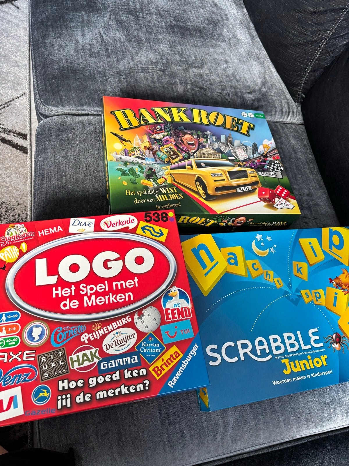 Bankroet, Logo en Scrabble Junior bordspellen, Hobby en Vrije tijd, Drie of vier spelers, Ophalen of Verzenden, Gebruikt