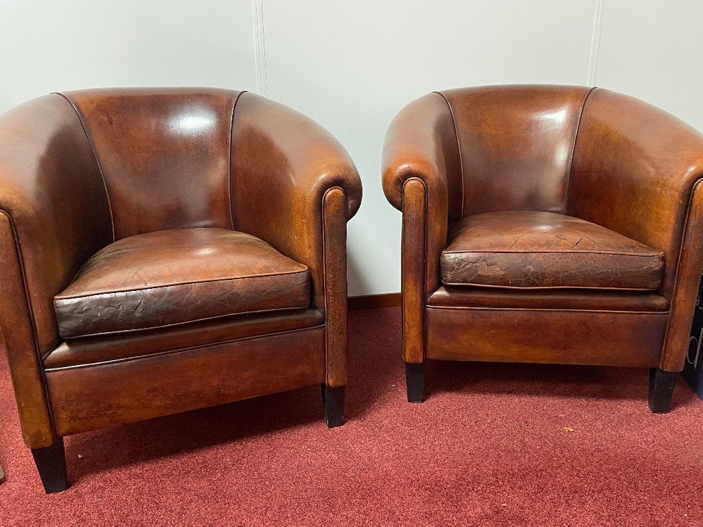 Leuke set schapenlederen kuipstoelen, Ophalen, Gebruikt, Engels, klassiek, antiek, 75 tot 100 cm
