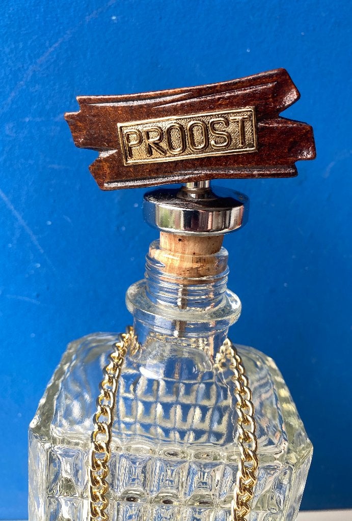 Glazen karaf decanteerkaraf/met label en schenktuit/Jenever, Verzamelen, Glas en Borrelglaasjes, Ophalen of Verzenden, Gebruikt