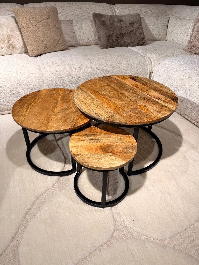 Ronde Salontafel Set 3 - bruin mangohout, Overige houtsoorten, India, Rond, Nieuw