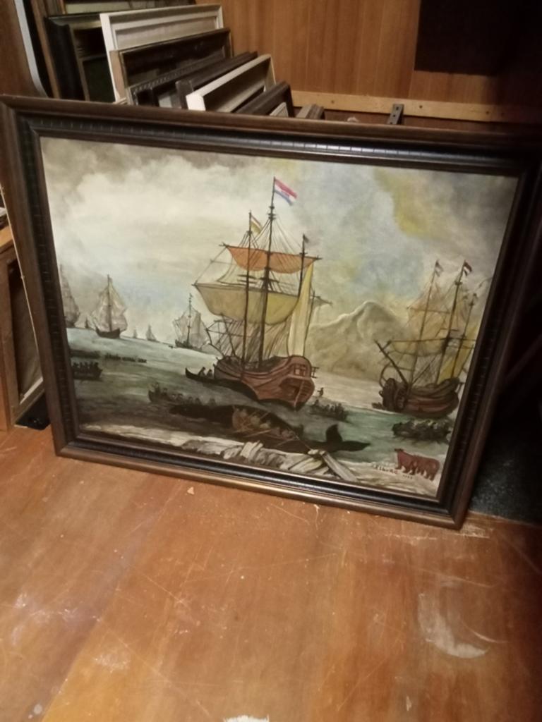 Groot olieverf schilderij: Historisch zeegezicht met schepen, Ophalen of Verzenden