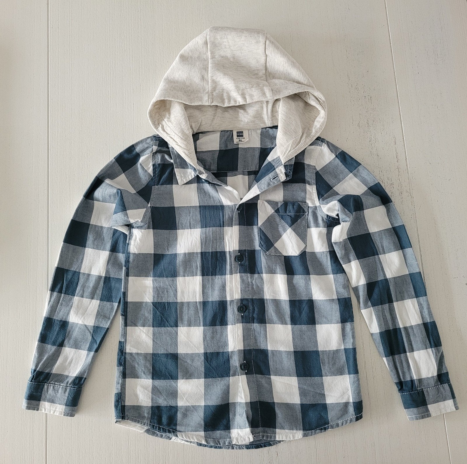 Blouse met capuchon mt 122/128 i.z.g.s., Gebruikt, Overhemd of Blouse, Ophalen of Verzenden, Hema