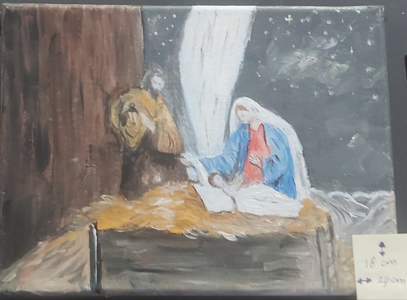 Geboorte van Jezus, met Jozef en Maria in de stal., Ophalen, Acrylverf, Portret of Personen, Doek