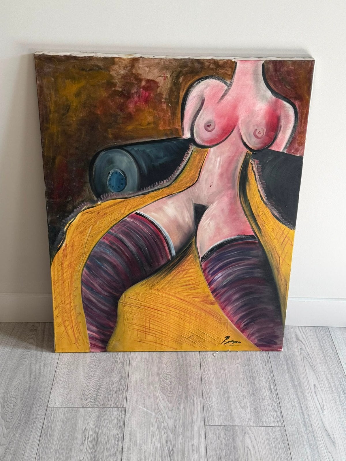 J. Van Delft: Abstracte Naakte Vrouw - Kleurrijk Schilderij, Ophalen