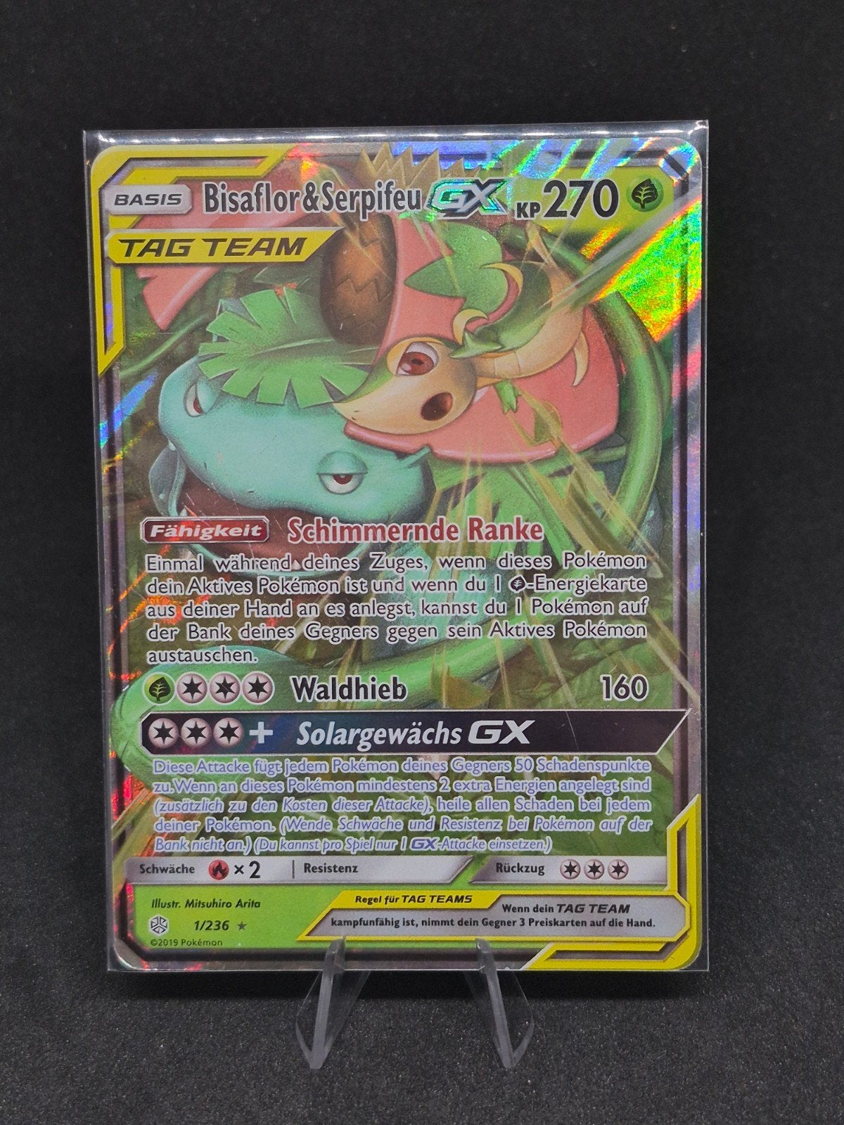 Pokémon Venusaur & Snivy GX Tag Team Duitse kaart, Ophalen of Verzenden, Zo goed als nieuw, Losse kaart, Foil