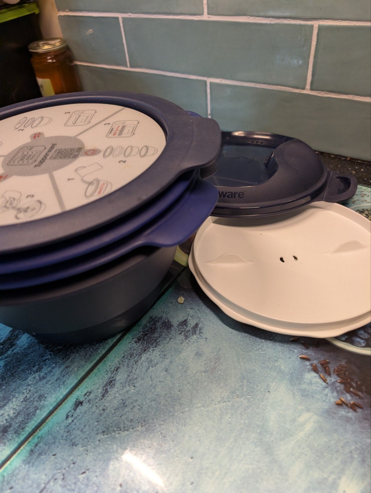 Tupperware Micro Urban Family Magnetron Rijstkoker Stomer, Blauw, Overige typen, Ophalen of Verzenden, Zo goed als nieuw