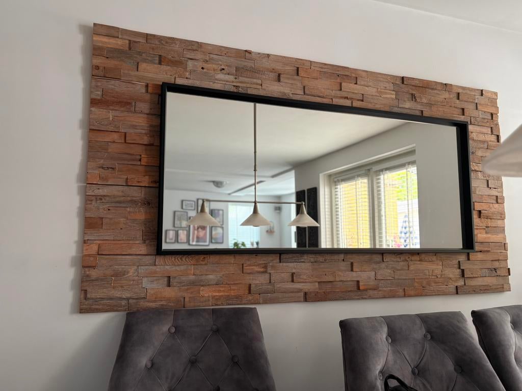 Grote spiegel met teak hout omlijsting, Huis en Inrichting, Woonaccessoires | Spiegels, Ophalen, 100 tot 150 cm, 125 cm of meer