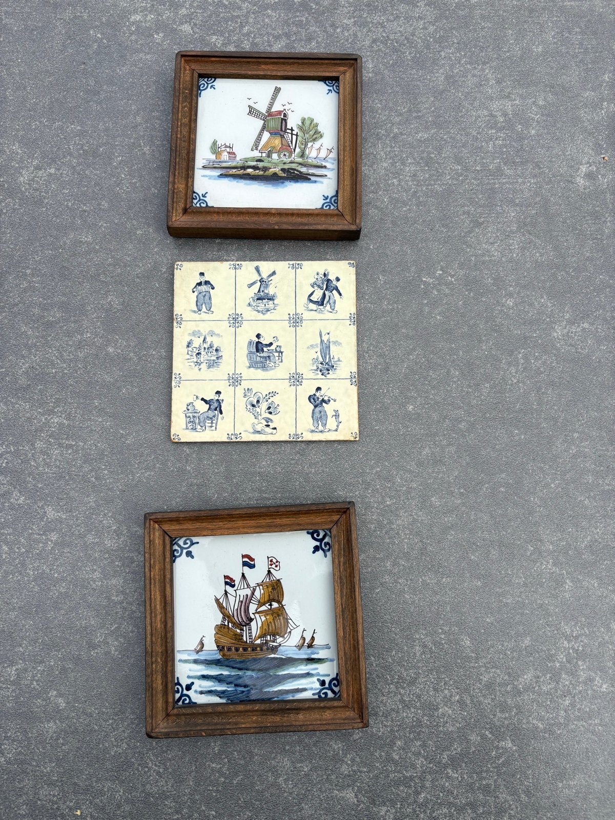 Delfts blauwe tegels in lijst - Molen, Schip, Hollandse tafe, Antiek en Kunst, Antiek | Wandborden en Tegels, Ophalen