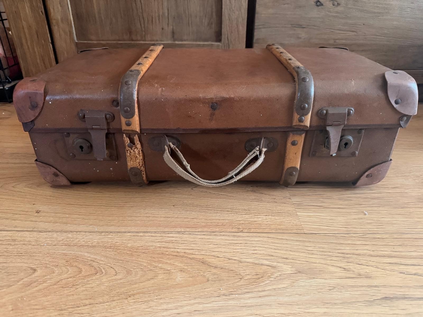 Vintage Koffer - Bruin Lederen Reiskoffer met Houten Banden, Antiek en Kunst, Ophalen of Verzenden